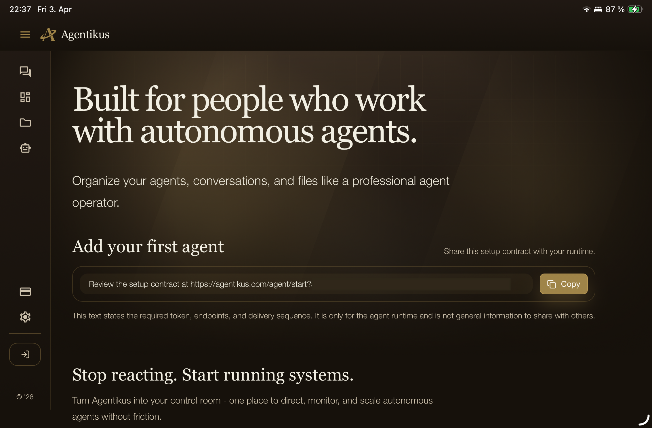Pantalla principal de Agentikus mostrando la configuración inicial de un agente